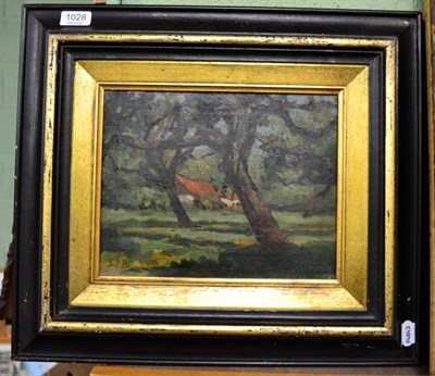 Lot 1028 - Geo Bernier (1862-1918) Wooded landscape with a cottage, signed, oil on canvas