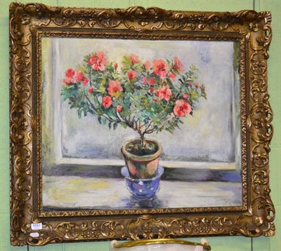 Lot 1041 - 20th century school, still life of flowers on a windowsill, oil on canvas, in an ornate frame