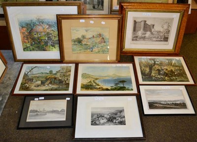 Lot 1049 - A group of engravings and prints together with two watercolours (9)