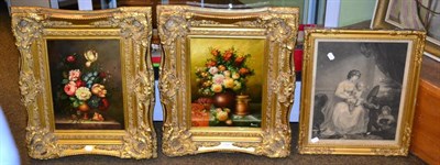 Lot 1054 - 20th century school, a pair of still life's of flowers, oils on board, in gilt frames together with