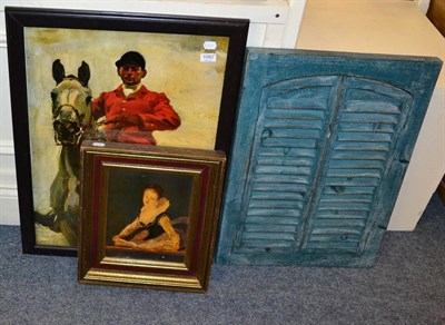 Lot 1082 - Picture of a huntsman on horseback; a portrait of a lady; and a modern mirror with shutter...