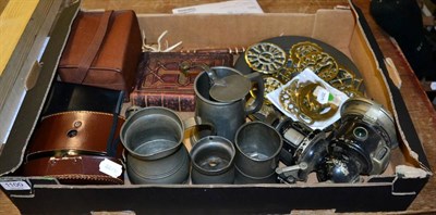 Lot 1100 - Miscellaneous items including Georgian pewter, horse brasses, a Lucas carbide lamp, three...