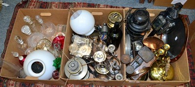 Lot 1110 - Three boxes of assorted metal wares and glass including a Georgian copper caddy, carriage...