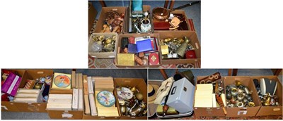 Lot 1120 - Fourteen boxes and a suitcase of miscellaneous household decorative items including wooden...