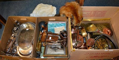 Lot 1121 - 19th century and later copper, brass and silver plate, two pairs of binoculars, car horn, fox...