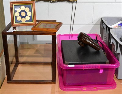 Lot 1144 - A Decca wind up gramophone, a glazed display cabinet, a Bakelite hairdryer and framed coins