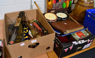 Lot 1147 - Two copper and brass military bugles, other assorted military-related items, etc (two boxes)