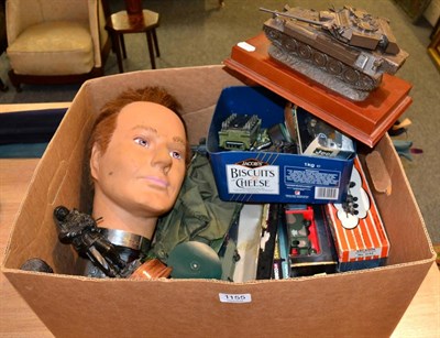 Lot 1155 - A box of assorted military models, military diecast toys, etc.