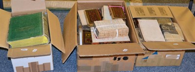 Lot 1161 - Three boxes of books for bookbinding and restoring, with cases, loose boards and similar. The books