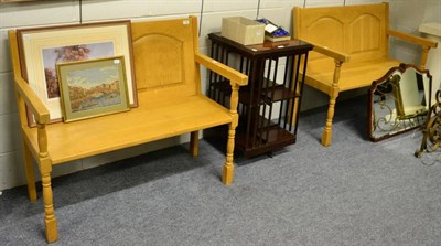 Lot 1198 - A pair of modern panelled hall oak benches