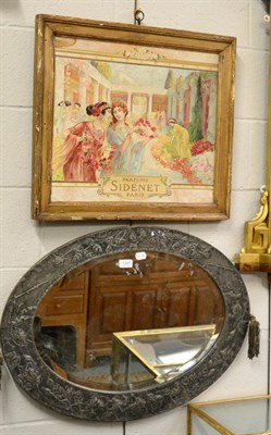 Lot 1207 - Arts & Crafts oval mirror with floral decorated frame, together with a 19th century coloured...