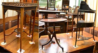 Lot 1379 - An inlaid mahogany occasional table with pierced gallery, blind fretwork frieze, spandrels and...