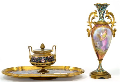 Lot 7 - ~ A French gilt metal mounted porcelain vase with cloisonne neck and foot, decorated with a...