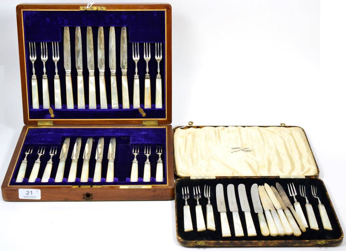 Lot 21 - A set of Edwardian silver and mother-of-pearl handled fruit knives and forks, Sheffield 1908,...