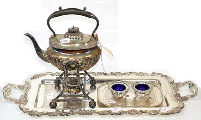 Lot 29 - ~ Group of silver plated items comprising spirit kettle on stand, twin-handled tray, card tray,...
