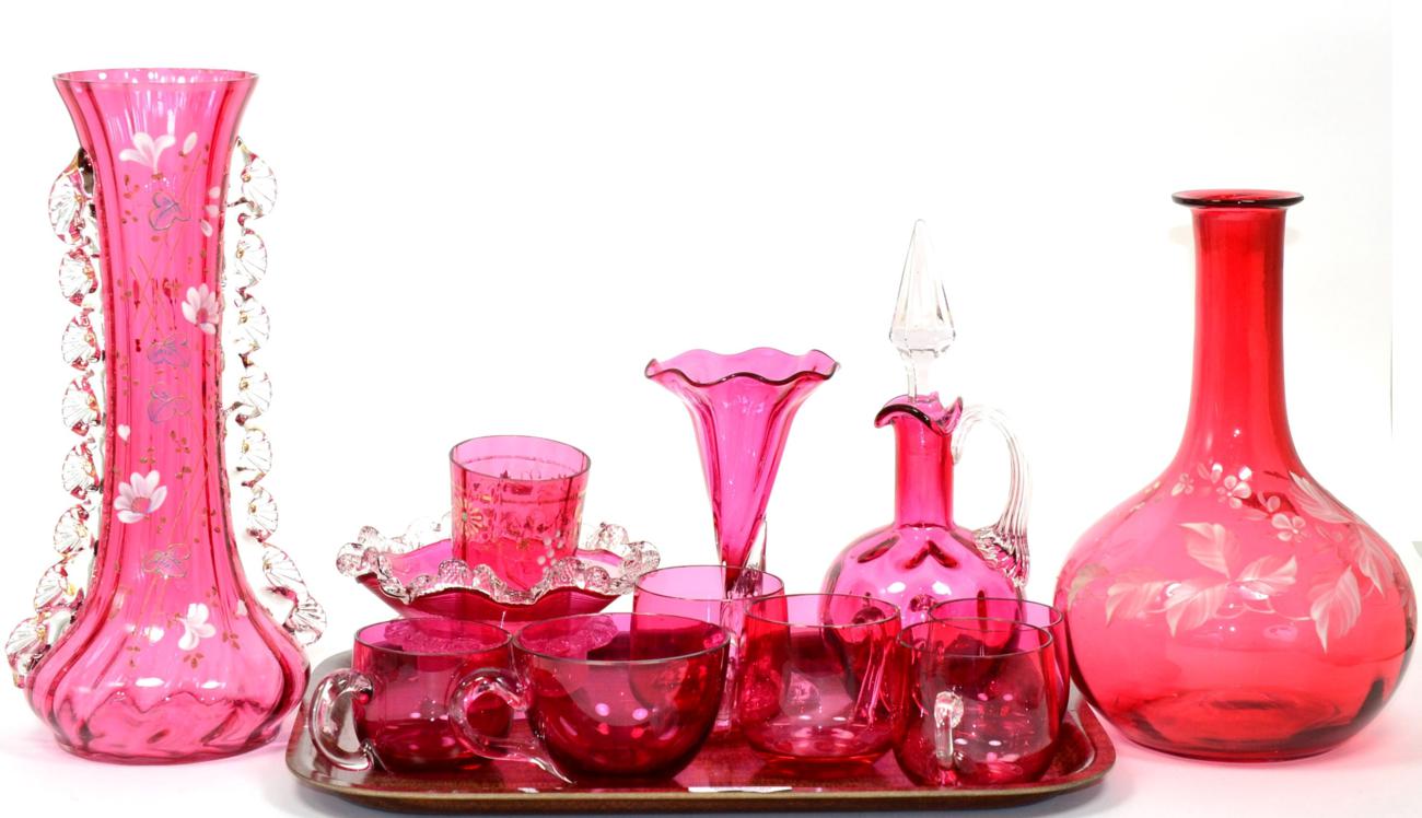 Lot 33 - ~ Cranberry glass including a caraf, vases, vinegar bottle etc