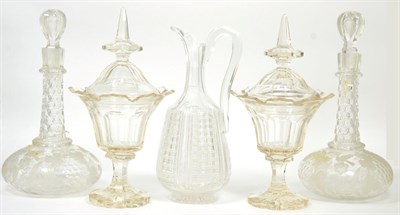 Lot 34 - ~ A pair of glass confitures, a pair of engraved decanters and a cut glass jug (5)