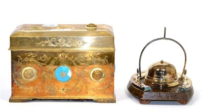 Lot 50 - ~ A gilt metal stationary casket, set with enamel roundels (a.f.); and a silver plated inkwell...