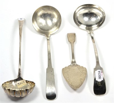 Lot 54 - ~ Silver soup ladle, a silver plated soup ladle, George III silver ladle with shell form bowl and a
