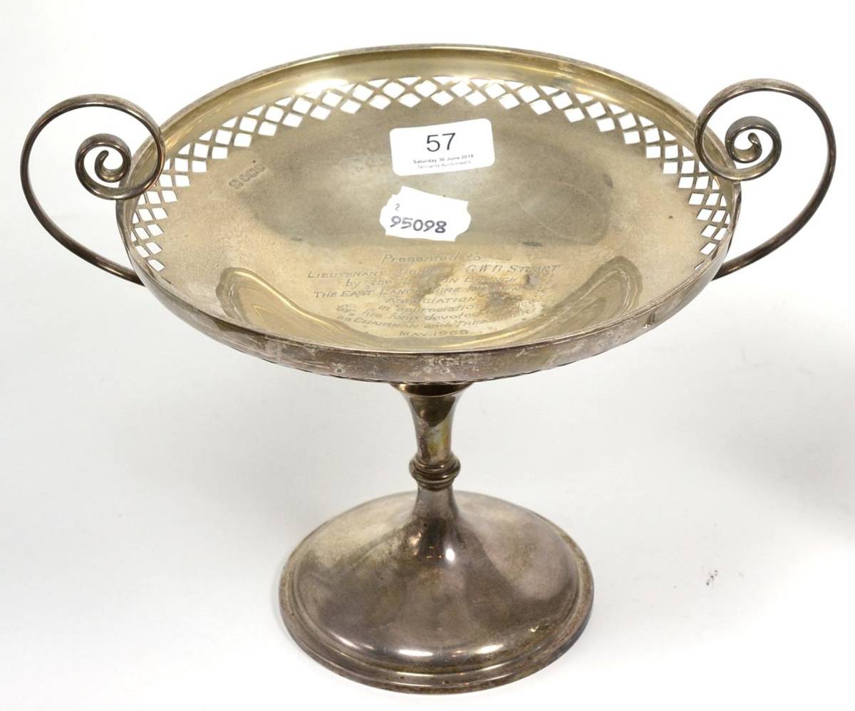 Lot 57 - A twin handled silver pedestal dish or comport, Martin Hall & Co, Sheffield 1918, with pierced...