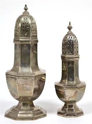 Lot 60 - A large octagonal silver pedestal caster, Viners Ltd, Sheffield 1932; and a smaller example...