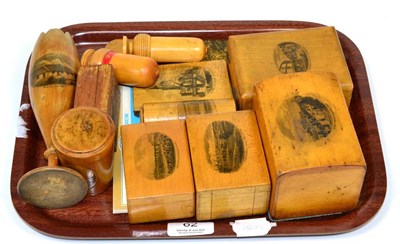 Lot 62 - A group of mauchline ware with transfer decoration including a ";Margate Sands & Jetty"; box,...
