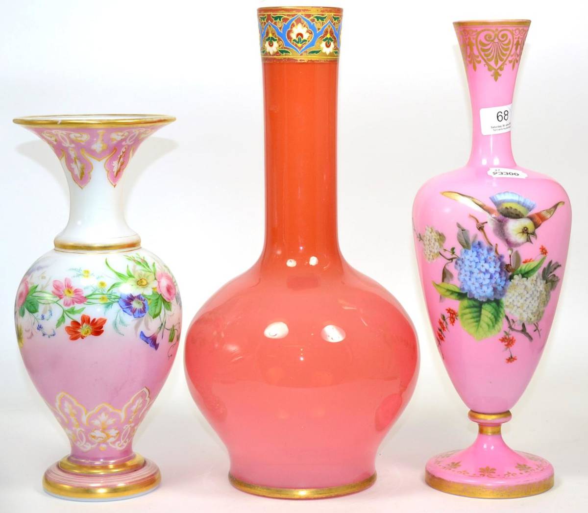 Lot 68 - ~ Three painted Victorian coloured glass vases