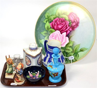 Lot 69 - ~ A small Moorcroft Columbine dish; Samson tea caddy, two Goebel figures, a rose painted tray, etc