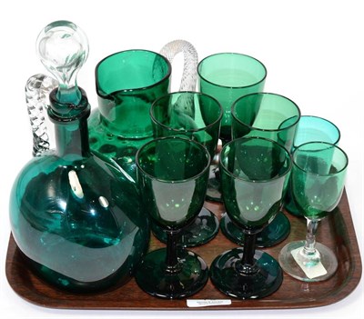 Lot 70 - ~ Green glass including claret jug, jugs and wines (9)