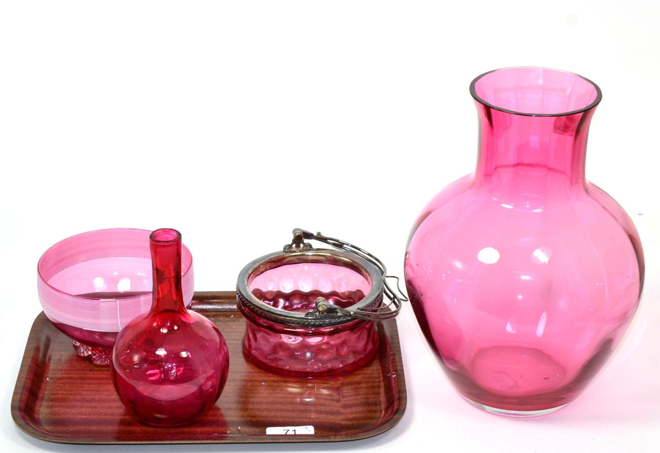 Lot 71 - ~ Two Cranberry glass vases and two cranberry glass bowls