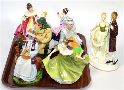 Lot 74 - ~ Eight Royal Doulton figures and groups including 'Lunch time', 'Rest a While', 'Eventide', etc