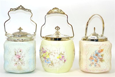 Lot 75 - ~ Three Victorian painted opaque glass biscuit barrels