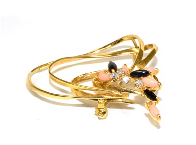Lot 100 - An 18 carat gold diamond, coral and onyx brooch, round brilliant cut diamonds in claw settings...