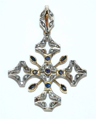 Lot 117 - A sapphire and diamond cross pendant, central round cut and marquise cut sapphires to cross...