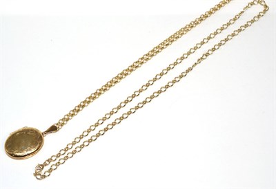 Lot 119 - A 9 carat gold chased oval locket pendant on a 9 carat gold chain, length 51cm and a 9 carat...