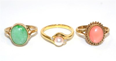 Lot 120 - An 18 carat gold cultured pearl and diamond ring, a central pearl to bypass scroll shoulders...