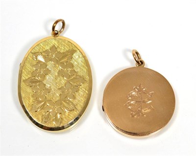 Lot 122 - A 9 carat gold foliate chased oval locket pendant, measures 5cm by 3cm and a circular locket...