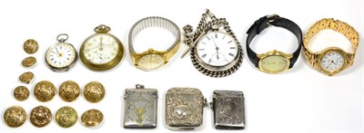 Lot 126 - A silver open faced pocket watch with attached silver chain; a lady's fob watch; Smiths pocket...