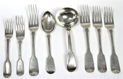 Lot 130 - A group of William IV and later silver fiddle pattern flatware, including a pair of sauce...
