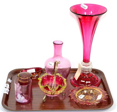 Lot 138 - ~ A ruby glass trumpet vase, a Mary Gregory style tumbler, gilt and enamel painted glass, etc