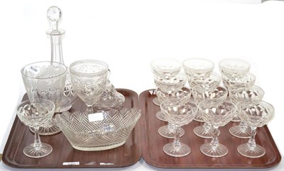 Lot 140 - ~ An onion shaped decanters and stoppers, champagne saucers and other pieces of glass