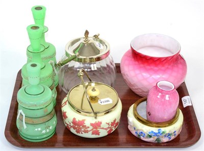 Lot 147 - ~ Victorian glass biscuit barrels, set of green opaque perfume bottles and enamelled pink vase etc