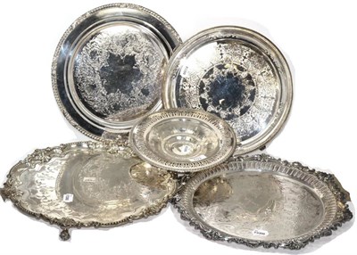 Lot 153 - ~ Four silver plated circular trays and a silver plated pedestal dish (5)