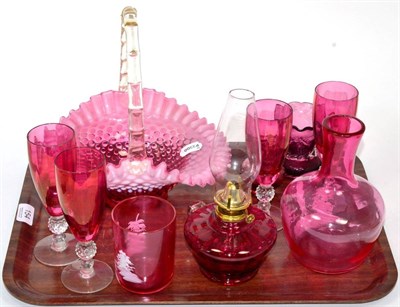 Lot 154 - ~ Victorian pink opaline basket and various other cranberry glass