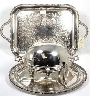 Lot 156 - ~ A two handled plated tray, an oval tray and a plated cylinder breakfast dish