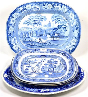 Lot 157 - ~  Five blue and white platters including Old Willow pattern
