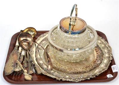 Lot 165 - ~ Plated circular trays, glass biscuit barrel and other plated wares