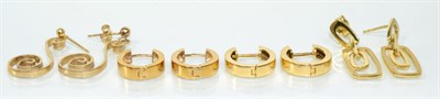Lot 176 - Four pairs of 9 carat gold earrings, comprising two pairs of hoop earrings and two pairs of...