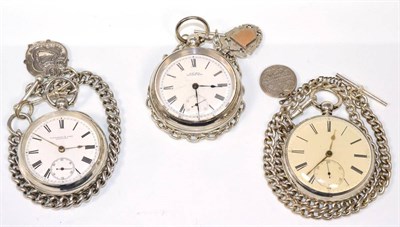Lot 183 - Three silver open faced pocket watches, signed Fattorini & Sons, Bradford, Waltham, Mass and...