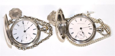 Lot 191 - Two full hunter pocket watches, signed American Watch Co, both cases stamped inside coin...